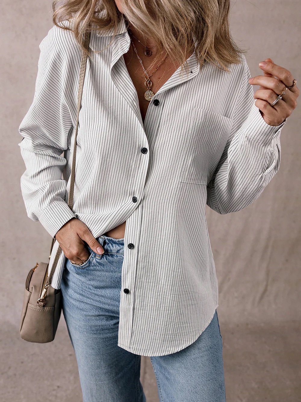 Women’s Cream Pinstripe Button-Up Shirt